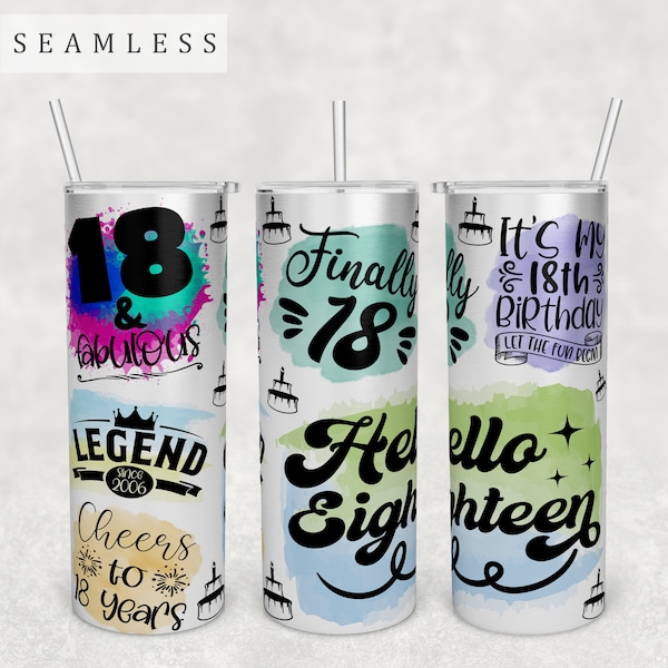 18th Birthday Tumbler Wrap, 20oz Skinny Tumbler PNG File, Seamless Tumbler Sublimation Design, Hello Eighteen Tumbler PNG, 18 Years PNG