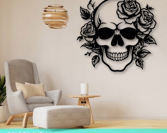 Skull And Roses Laser SVG Cut File, Skull And Roses Wall Art SVG, DXF, Skull And Roses Vector Cut File, Skull And Flowers Laser Ready Svg