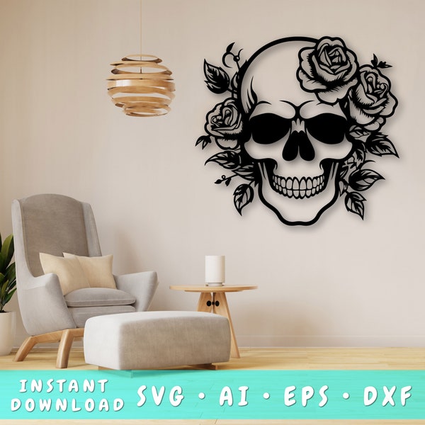 Skull And Roses Laser SVG Cut File, Skull And Roses Wall Art SVG, DXF, Skull And Roses Vector Cut File, Skull And Flowers Laser Ready Svg