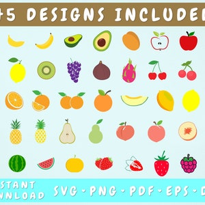 45 Fruits SVG Bundle, Apple SVG, Pear SVG, Grape Svg, Pastèque Svg, Strawberry Svg, Peach Svg, Banana Svg, Avocado Svg, Cherry Svg etc.