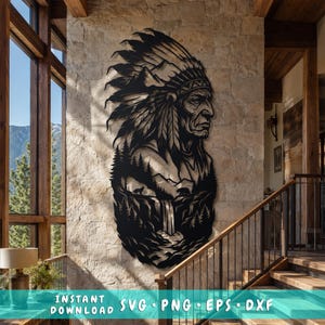 May include: A black metal wall art piece featuring a profile of a person wearing a feathered headdress, layered over a landscape scene with pine trees, mountains, a waterfall, a wolf, and a bear. The design includes the text INSTANT DOWNLOAD SVG PNG EPS DXF.
