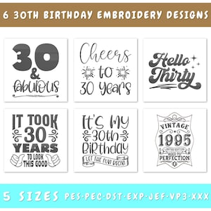 30th Birthday Embroidery Designs Bundle - 6 Designs, 30 and Fabulous Embroidery, Vintage 1995 Embroidery File, Hello Thirty Embroidery File