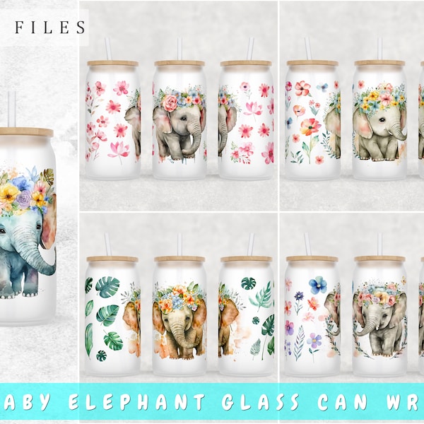 Baby Elephant Libbey Glass Can Wraps Bundle, 5 Designs, 16oz Glass Can PNG, Elephant Glass Can Sublimation Design, Little Elephant Glass Can