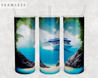 Cruise Ship Tumbler Wrap, Seamless Tumbler Sublimation Design, 20oz Skinny Tumbler PNG File, Tropical Tumbler PNG