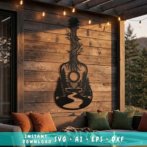 May include: Black metal guitar-shaped wall art with a nature-inspired design. The guitar features a tree trunk and roots, with a landscape scene inside the sound hole. The image includes the text "INSTANT DOWNLOAD SVG • AI • EPS • DXF".