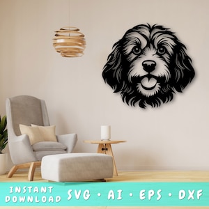 Peut inclure: Une œuvre d'art murale en métal noir représentant le visage d'un chien avec une expression joyeuse. La fourrure du chien est détaillée, et le design comprend le texte "INSTANT DOWNLOAD SVG • AI • EPS • DXF" en couleur teal.