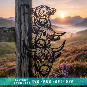 May include: A black metal wall art piece featuring a vertical stack of three Highland cow heads with shaggy fur and horns. The design is a flat silhouette cutout. The text at the bottom reads: INSTANT DOWNLOAD SVG PNG EPS DXF.