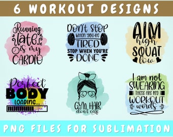 Workout-Sublimationsdesign-Bundle, 6 Designs, Workout PNG, Hör nicht auf, wenn du müde bist Hör auf, wenn du fertig bist PNG, Fitness-Studio Haare Pflege PNG