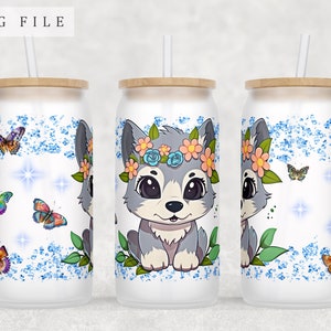Wolf Cub Libbey Glass Can Wrap, 16oz Glass Can PNG File, Little Wolf Glass Can Sublimation Design, Cute Wolf Glass Can PNG