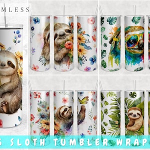 Sloth Tumbler Wraps Bundle, 5 Designs, 20oz Skinny Tumbler PNG Files, Watercolor Sloth Tumbler Sublimation Designs, Cute Sloth PNG Bundle