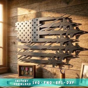 May include: A metal wall decoration showing the American flag design with jets. The flag's stars are visible in the upper left corner. The artwork is mounted on a wooden wall. The image also includes a small display case with medals.