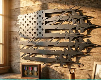 May include: A metal wall art piece depicting the American flag with jets flying through the stripes. The flag's stars are visible in the upper left corner. The artwork is mounted on a wooden wall. The image also includes a small display case with medals.