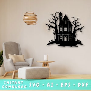 File di taglio laser SVG per casa stregata, arte murale per casa stregata SVG, DXF, Eps, file di taglio vettoriale per casa stregata, SVG pronto per laser per casa stregata