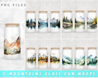 Mountains Libbey Glass Can Wraps Bundle, 5 Designs, 16oz Glass Can PNG, Mountains Glass Can Sublimation Designs