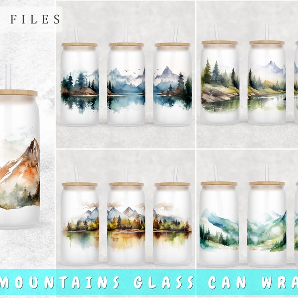 Bundle d'emballages de canette en verre Mountains Libbey, 5 modèles, canette de verre de 16 oz PNG, modèles de sublimation de canette en verre Mountains
