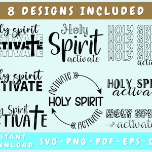 Puede incluir: Ocho diseños diferentes de la frase "Holy Spirit Activate" en texto negro sobre un fondo azul claro. Los diseños incluyen una versión apilada, una versión con una cruz, una versión con un círculo y flechas, y una versión con un patrón de leopardo.