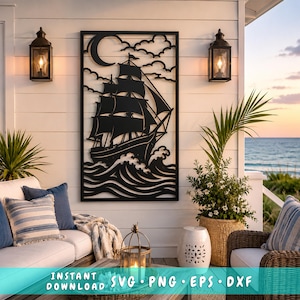 Moonlit Sailing Ship Laser SVG | Pirate Ship DXF | Nautical Metal Wall Art | CNC Plasma Cut File | Coastal Ocean Scene