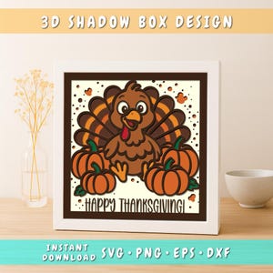 May include: A framed 3D shadow box design with a Thanksgiving theme. The artwork features a cartoon turkey with pumpkins and the text "Happy Thanksgiving!" in a white frame. The image also includes the text "Instant Download".