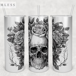 Floral Skull Tumbler Wrap, 20oz Skinny Tumbler PNG, Seamless Skull And Roses Tumbler Sublimation Design, Skull Tumbler PNG