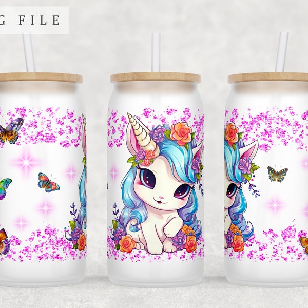 Baby Unicorn Libbey Glass Can Wrap, 16oz Glass Can PNG File, Little Unicorn Glass Can Sublimation Design, Cute Unicorn Glass Can PNG