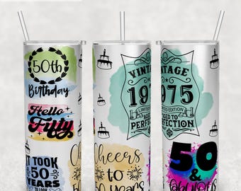 50th Birthday Tumbler Wrap, 20oz Skinny Tumbler PNG File, Seamless Tumbler Sublimation Design, Vintage 1975 Tumbler PNG, 50 and Fabulous PNG