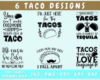 Tacos SVG-paket, 6 designer, Taco-citat SVG-klippfiler, Tacos-tröja SVG, Taco-ordspråk Svg, Varje nu och då faller jag isär Svg, Roliga Tacos