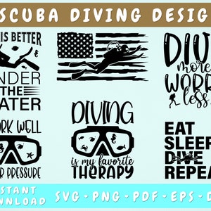 Puede incluir: Seis diseños digitales en blanco y negro para el buceo. Los diseños incluyen texto como "La vida es mejor bajo el agua", "Bucear es mi terapia favorita", "Bucea más, preocúpate menos" y "Come, duerme, bucea, repite".