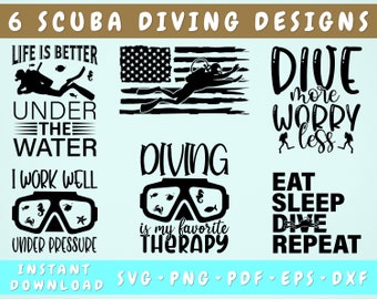 Scuba Diving Quotes SVG Bundle, 6 Designs, Diving Sayings SVG, Diving Is My Favorite Therapy SVG, I Work Well Under Pressure Svg