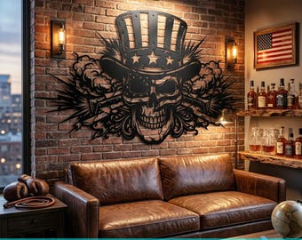 May include: A black metal wall art piece featuring a skull wearing a top hat with stars and stripes, surrounded by smoke and explosive bursts. The design includes the text INSTANT DOWNLOAD SVG PNG EPS DXF at the bottom of the image.