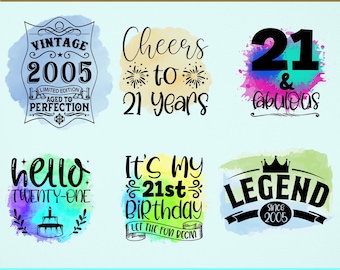 Pacchetto di disegni per sublimazione per il 21° compleanno, 6 file PNG per il 21° compleanno, 21 e favoloso PNG, Cheers to 21 Years PNG, Hello Twenty-One PNG
