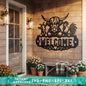 Farm Animals Welcome Sign Laser SVG | Highland Cow Goat Rooster Metal Wall Art DXF | CNC Plasma Laser Cut File | Rustic Farmhouse Decor