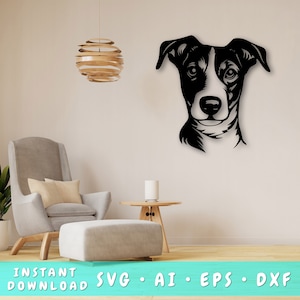 Könnte beinhalten: Schwarz-weiße Silhouette eines Hundekopfes mit einem einfachen, modernen Design. Der Hund hat Hängeohren und einen süßen Ausdruck. Das Bild ist perfekt, um eine Wanddekoration oder ein individuelles Design für ein T-Shirt oder eine Tasse zu erstellen.