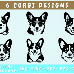 コーギー SVG バンドル、6 つのデザイン、コーギー カット ファイル、コーギー クリップアート、コーギー PNG、かわいいコーギー SVG、メガネをかけたウェルシュ コーギー SVG