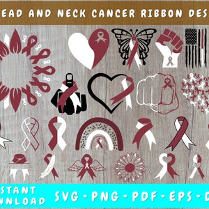 頭頸部がんリボン SVG バンドル、25 のデザイン、頭頸部がんクリップアート、頭頸部がん PNG、バーガンディとホワイトのリボン SVG