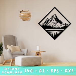 Puede incluir: Silueta en blanco y negro de una cordillera con un lago y árboles en forma de diamante. El diseño es perfecto para crear una pieza de decoración de pared.