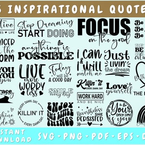 Puede incluir: Una descarga digital de 25 frases inspiradoras en texto negro sobre un fondo azul claro. Las frases incluyen "Sé tú mismo, haz lo que quieras, para ti", "Vive más, preocúpate menos", "Concéntrate en lo bueno", "Quiérete a ti mismo", "El futuro es mío", y más.