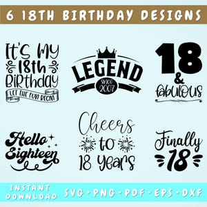 18th Birthday SVG Bundle, 6 Designs, 18th Birthday Shirt SVG, Cheers To 18 Years SVG, 18 And Fabulous Svg, Hello Eighteen Svg, Finally 18