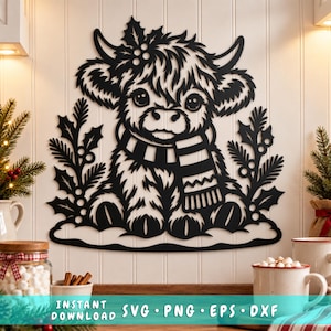 May include: A black silhouette wall art design featuring a fluffy Highland cow wearing a striped scarf, surrounded by holly leaves and berries. The text at the bottom reads: INSTANT DOWNLOAD SVG PNG EPS DXF. The design is flat and monochromatic.