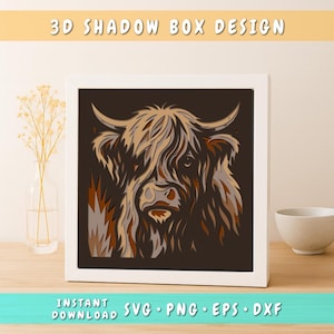 May include: A layered 3D shadow box design featuring a Highland cow. The artwork is framed in a white square frame and showcases the cow's face in shades of brown and tan. Text at the top reads "3D Shadow Box Design". The bottom text says "Instant Download SVG PNG EPS DXF".