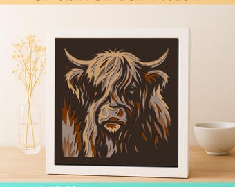 Rustic Highland Cow 3D Shadow Box SVG | Layered Cow Paper Cut Template | Cow Silhouette Laser Cut | Farmhouse Wall Art SVG Png Eps Dxf