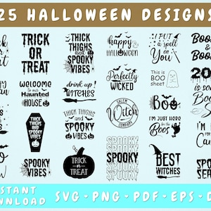 May include: A digital collection of 25 black Halloween-themed graphic designs on a light blue background. The text includes phrases like Trick or Treat, Spooky Vibes, and Boos & Booze, accompanied by icons of ghosts, pumpkins, bats, and spiders.