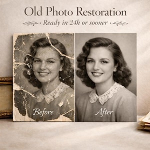 May include: Image showcasing old photo restoration. The image is split, with a damaged, faded photo labeled "Before" next to a restored version labeled "After." The restored photo is in black and white, featuring a woman with a lace collar. Text at the top reads "Old Photo Restoration."