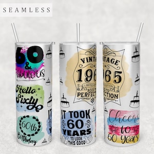 60th Birthday Tumbler Wrap, 20oz Skinny Tumbler PNG File, Seamless Tumbler Sublimation Design, Vintage 1965 Tumbler PNG, 60 and Fabulous PNG