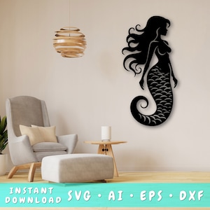 Mermaid Laser SVG Cut File, Mermaid Wall Art SVG, DXF, Mermaid Vector Cut File, Mermaid Laser Ready Svg