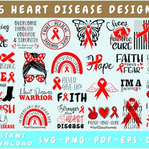 Herz-Krankheit-Bewusstsein SVG Bundle - 25 Designs, rotes Band SVG, Herz-Krankheit geschnitten Dateien, Wunsch nach einer Heilung SVG, Herz-Krankheit-Krieger-Svg