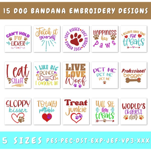 Dog Bandana Embroidery Designs Bundle | Funny Dog Quotes | Pet Embroidery Files | Dog Lover Embroidery Set