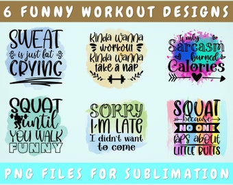 Paquete de diseños de sublimación de entrenamiento divertido, 6 archivos PNG de entrenamiento, camisa de gimnasio divertida PNG, PNG de fitness divertido, el sudor es sólo gordo llorando png