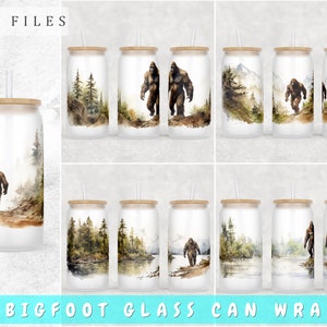 May include: Five watercolour designs featuring a Bigfoot walking through a forest. The designs are meant to be used as wraps for 12 oz. glass can coolers.