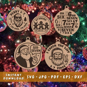 May include: A collection of wooden Christmas tree ornaments featuring Santa Claus illustrations and festive text. The designs include phrases like "Merry 6-7", "67 Squad", and "I check the list 6-7 times". Each ornament is round.