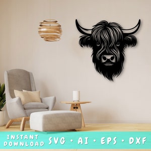 Vache Highland Laser coupe fichier SVG, art mural vache Highland SVG, DXF, Eps, fichier de coupe vectoriel génisse, vache Highland Svg laser ready